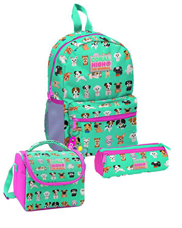 Coral High Kids Su Yeşili Neon Pembe Köpek Desenli 3lü Okul Çanta Seti