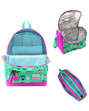 Coral High Kids Su Yeşili Neon Pembe Köpek Desenli 3lü Okul Çanta Seti