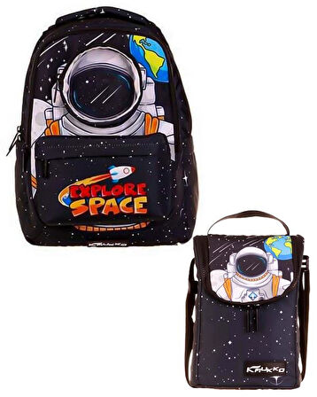 Kaukko Bright Leather Astronaut Desenli 2li Okul Çanta Seti