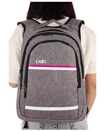 Temel My Polo Sırt Çantası Pembe Beyaz Çizgili Gri 8860