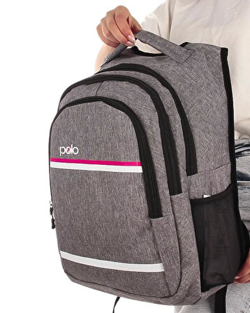 Temel My Polo Sırt Çantası Pembe Beyaz Çizgili Gri 8860