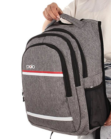 Temel My Polo Sırt Çantası Kırmızı Beyaz Çizgili Gri 8860