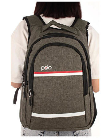 Temel My Polo Sırt Çantası Kırmızı Beyaz Çizgili Haki 8860