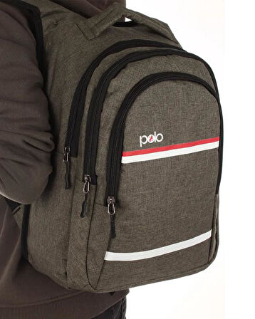 Temel My Polo Sırt Çantası Kırmızı Beyaz Çizgili Haki 8860