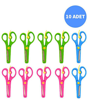 Neon Plastik Korumalı Küt Uçlu Yaylı Çocuk Okul Makası 10lu Set