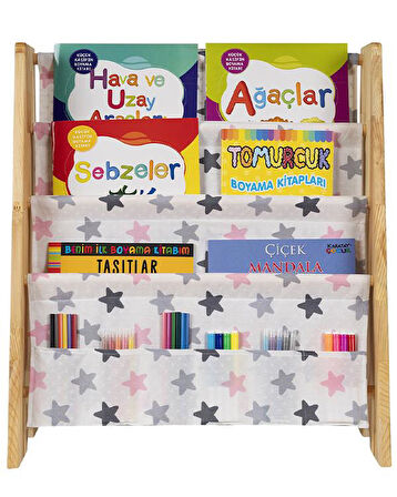 Doğal Ahşap Montessori Çocuk Kitaplığı Pembe Kumaşlı