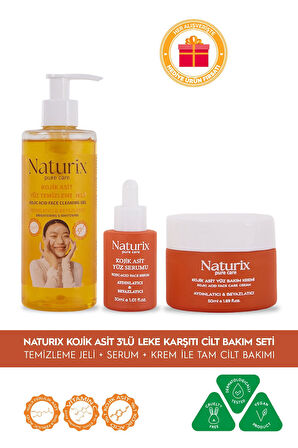 Kojik Asitli 3'lü Leke Karşıtı Bakım Seti | Yüz Temizleme Jeli 250 ml + Serum 30 ml + Krem 50 ml