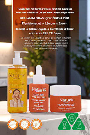 Kojik Asitli 3'lü Leke Karşıtı Bakım Seti | Yüz Temizleme Jeli 250 ml + Serum 30 ml + Krem 50 ml