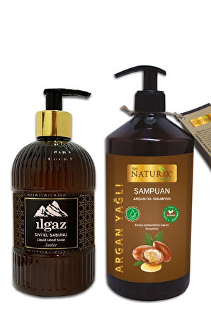 Amber Çiçeği Kokusu Sıvı Sabun 475 Ml Dekoratif Şişe + Naturix 600 Ml Argan Yağlı Şampuan