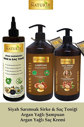 Siyah Sarımsaklı Sirke & Saç Toniği + Argan Yağlı Onarıcı Bakım Şampuan + Argan Yağlı Saç Kremi