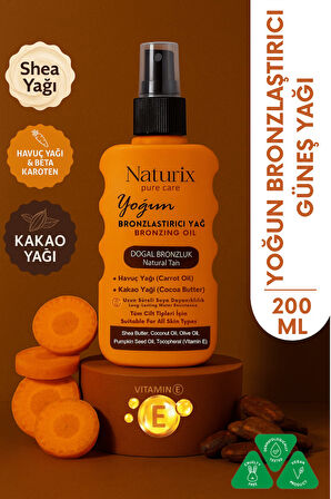 Yoğun Bronzlaştırıcı Yağ | Havuç & Kakao Yağı, Shea Butter, Vitamin E, Tüm Cilt Tiplerine Uygun Spre