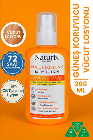 Vücut Losyonu SPF 50+ PA+++ | UVA/UVB Güneş Koruması, 72 Saat Nem, Leke Karşıtı Etkili - 200ml