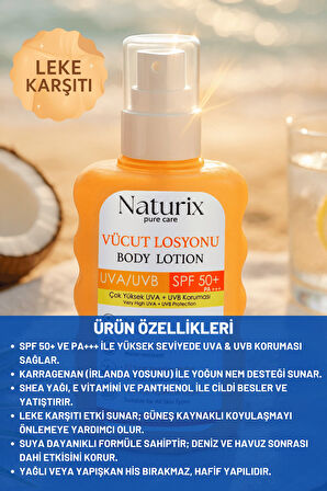 Vücut Losyonu SPF 50+ PA+++ | UVA/UVB Güneş Koruması, 72 Saat Nem, Leke Karşıtı Etkili - 200ml