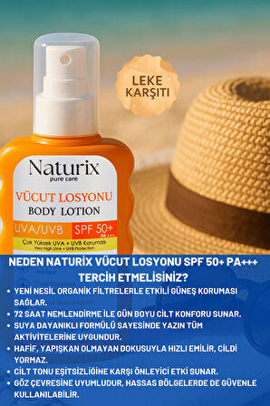 Vücut Losyonu SPF 50+ PA+++ | UVA/UVB Güneş Koruması, 72 Saat Nem, Leke Karşıtı Etkili - 200ml