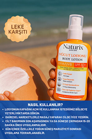 Vücut Losyonu SPF 50+ PA+++ | UVA/UVB Güneş Koruması, 72 Saat Nem, Leke Karşıtı Etkili - 200ml