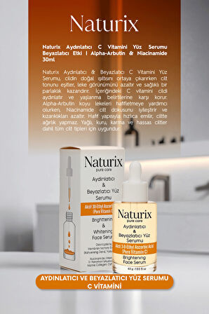 Aydınlatıcı ve Beyazlatıcı Yüz Serumu | C Vitamini | Alpha-Arbutin & Niacinamide | 30ml