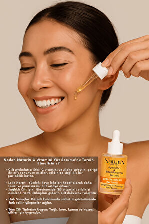 Aydınlatıcı ve Beyazlatıcı Yüz Serumu | C Vitamini | Alpha-Arbutin & Niacinamide | 30ml