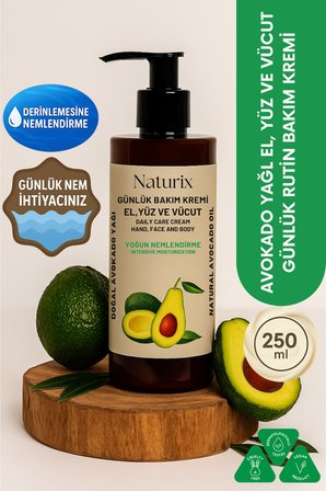 Naturix Avokado Özlü El, Yüz ve Vücut Bakım Kremi 250 Ml | Nemlendirici ve Onarıcı Vücut Losyonu