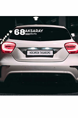 Aksaray 68 Plaka Kodlu Beyaz Araç Sticker Merkez İlçe Yazılı Özel Tasarım 40x8 cm  Şehir ve İlçe Temalı Kaliteli Sticker