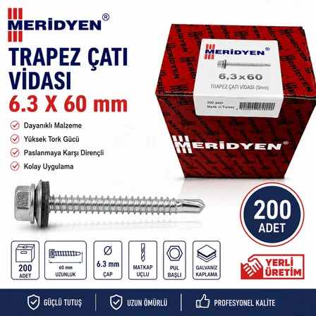 Meridyen Trapez Çatı Vidası 6.3 X 60 mm 200 Adet ( 1 Kutu)