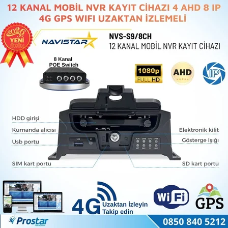 Navistar NVS-S9/8CH 12 Kanal Mobil NVR/DVR Araç Takip Sistemi 4 AHD + 8 IP Kamera 4G GPS WiFi Uzaktan İzleme