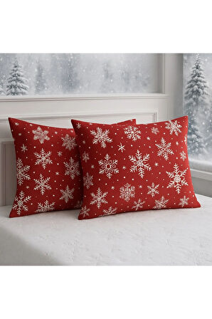 Desenli Pamuklu Yılbaşı Kar Desen Yastık Kılıfı 2 Adet 50 x 70 cm