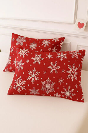 Desenli Pamuklu Yılbaşı Kar Desen Yastık Kılıfı 2 Adet 50 x 70 cm