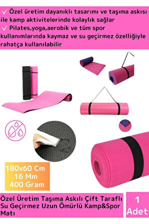 Premium Çift Taraflı Su Geçirmez Taşıma Askılı Kamp  Uyku Matı Minder Yoga Pilates Pembe 16 Mm