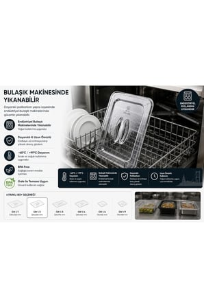 GN 1/2 Gastronom Küvet Kapağı 32,5x26,5 cm Polikarbon Şeffaf Gastronorm Kapak BPA Free