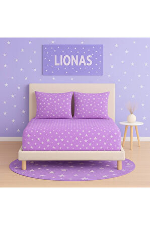 Desenli 140 x 200 cm Lila Yıldız Lastikli Çarşaf ve 2 Adet Yastık Kılıfı