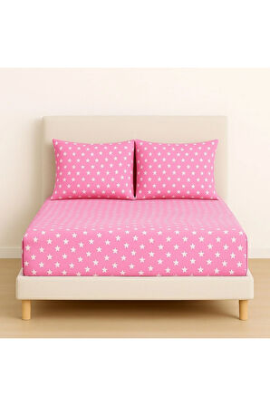 Desenli 140 x 200 cm Pembe Yıldız Lastikli Çarşaf ve 2 Adet Yastık Kılıfı