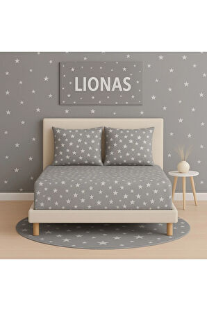 Desenli 160 x 200 cm Çift Kişilik Gri Yıldız Lastikli Çarşaf ve 2 Adet Yastık Kılıfı