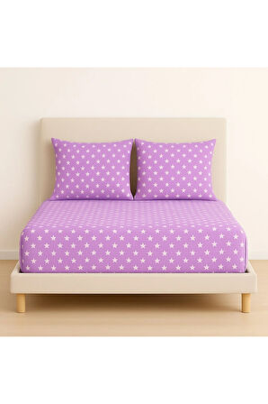 Desenli 160 x 200 cm Çift Kişilik Lila Yıldız Lastikli Çarşaf ve 2 Adet Yastık Kılıfı