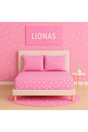 Desenli 160 x 200 cm Çift Kişilik Pembe Yıldız Lastikli Çarşaf ve 2 Adet Yastık Kılıfı