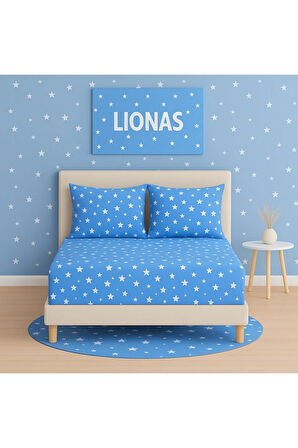 Desenli 180 x 200 cm Battal Boy Mavi Yıldız Lastikli Çarşaf ve 2 Adet Yastık Kılıfı