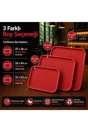 ABS Servis Tepsisi Kaymaz Yüzeyli 27x36 cm Kırmızı Renk– Endüstriyel Kullanıma Uygun, Kırılmaz, BPA Free (7 Renk Seçenekli)