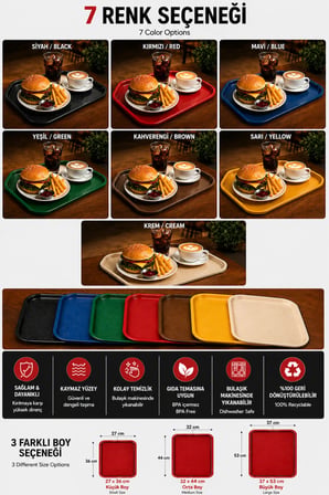 6 ADET ABS Servis Tepsisi Kaymaz Yüzeyli 37x53 cm Yeşil Renk– Endüstriyel Kullanıma Uygun, Kırılmaz, BPA Free (7 Renk Seçenekli)