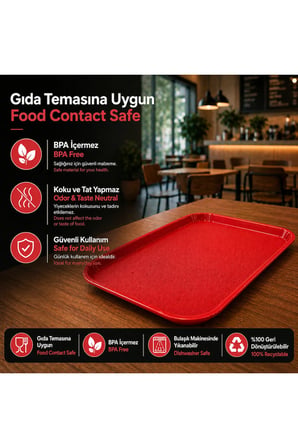 12 ADET ABS Servis Tepsisi Kaymaz Yüzeyli 27x36 cm Kırmızı Renk– Endüstriyel Kullanıma Uygun, Kırılmaz, BPA Free (7 Renk Seçenekli)