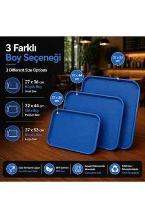 12 ADET ABS Servis Tepsisi Kaymaz Yüzeyli 32x44 cm Mavi Renk– Endüstriyel Kullanıma Uygun, Kırılmaz, BPA Free (7 Renk Seçenekli)