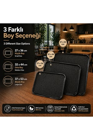12 ADET ABS Servis Tepsisi Kaymaz Yüzeyli 37x53 cm Siyah Renk– Endüstriyel Kullanıma Uygun, Kırılmaz, BPA Free (7 Renk Seçenekli)