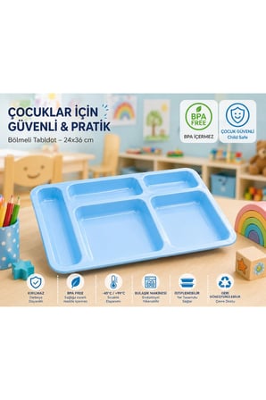 Kırılmaz Polikarbon Çocuk Tabldotu 24x36 cm Mavi| 5 Bölmeli BPA Free | Anaokulu & Yemekhane