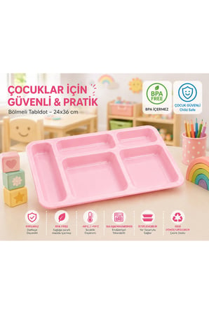 Kırılmaz Polikarbon Çocuk Tabldotu 24x36 cm Pembe| 5 Bölmeli BPA Free | Anaokulu & Yemekhane