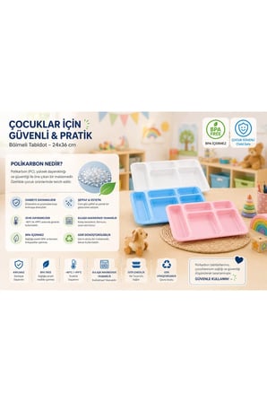Kırılmaz Polikarbon Çocuk Tabldotu 12 Adet 24x36 cm Pembe| 5 Bölmeli BPA Free | Anaokulu & Yemekhane