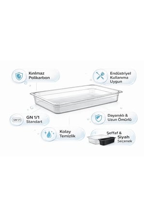 1/1 GN Şeffaf Polikarbon Gastronom Küvet 53x32 cm 6.5 Cm Derinlik