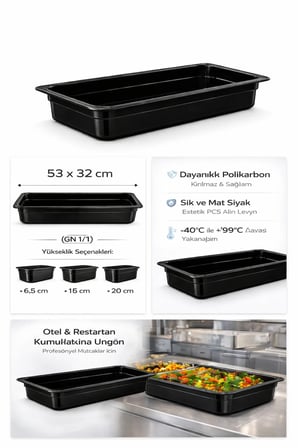 1/1 GN Siyah Polikarbon Gastronom Küvet 53x32 cm 6.5 Cm Derinlik
