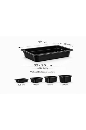 1/2 GN Siyah Polikarbon Gastronom Küvet 32x26 cm 15 Cm Derinlik