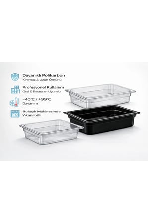 1/2 GN Siyah Polikarbon Gastronom Küvet 32x26 cm 15 Cm Derinlik