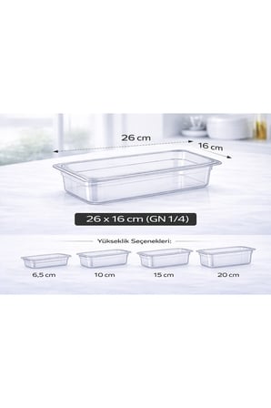 1/4 GN Şeffaf Polikarbon Gastronom Küvet 26x16 cm 15 Cm Derinlik
