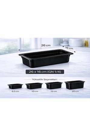 1/4 GN Siyah Polikarbon Gastronom Küvet 26x16 cm 6.5 Cm Derinlik