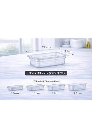 1/9 GN Şeffaf Polikarbon Gastronom Küvet 17x11 cm 10 Cm Derinlik